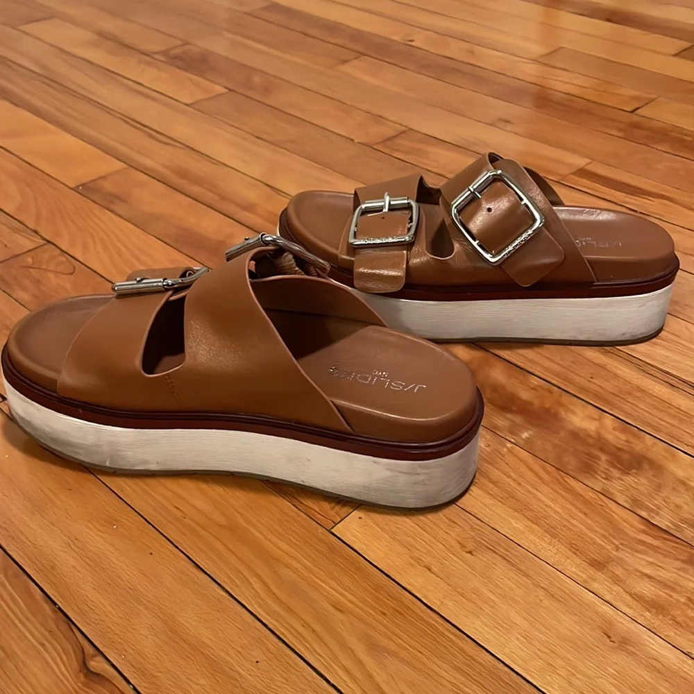 J Slides Brown Double Buckle Platform Sandals